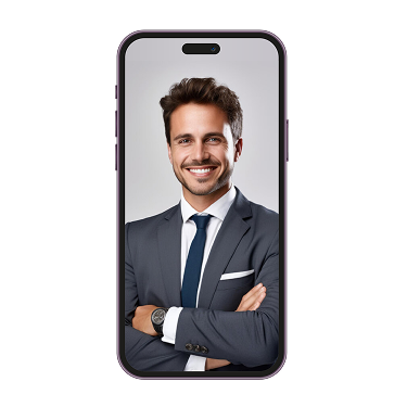 A smiling woman with dark curly hair inside a phone screen.